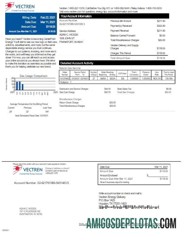 Para baixar modelo Word e PDF de conta de serviços públicos VECTREN dos EUA